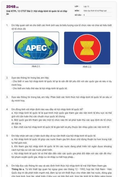 Giải KTPL 12 CTST Bài 2: Hội nhập kinh tế quốc tế có đáp án