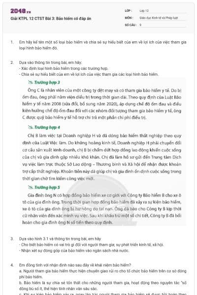 Giải KTPL 12 CTST Bài 3: Bảo hiểm có đáp án