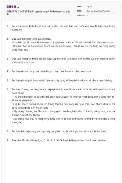 Giải KTPL 12 CTST Bài 5: Lập kế hoạch kinh doanh có đáp án