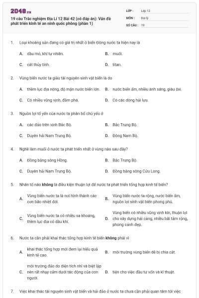 19 câu Trắc nghiệm Địa Lí 12 Bài 42 (có đáp án): Vấn đề phát triển kinh tế an ninh quốc phòng (phần 1)