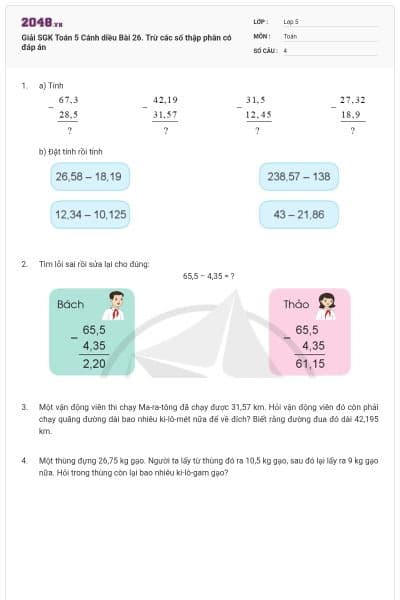 Giải SGK Toán 5 Cánh diều Bài 26. Trừ các số thập phân có đáp án