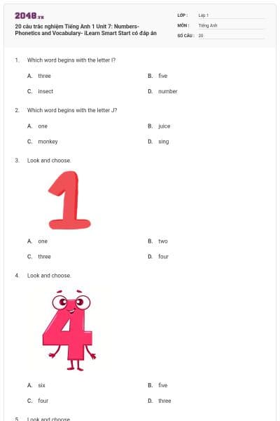 20 câu trắc nghiệm Tiếng Anh 1 Unit 7: Numbers-Phonetics and Vocabulary- iLearn Smart Start có đáp án