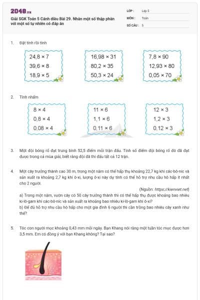 Giải SGK Toán 5 Cánh diều Bài 29. Nhân một số thập phân với một số tự nhiên có đáp án