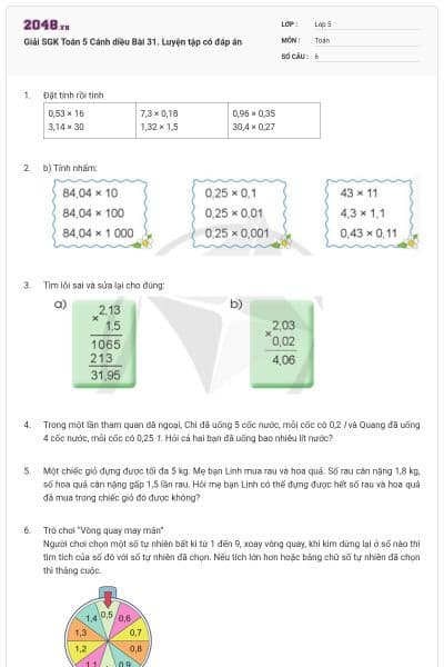 Giải SGK Toán 5 Cánh diều Bài 31. Luyện tập có đáp án