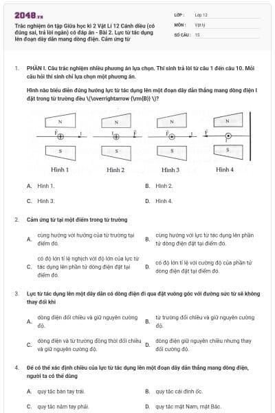 Trắc nghiệm ôn tập Giữa học kì 2 Vật Lí 12 Cánh diều (có đúng sai, trả lời ngắn) có đáp án - Bài 2. Lực từ tác dụng lên đoạn dây dẫn mang dòng điện. Cảm ứng từ