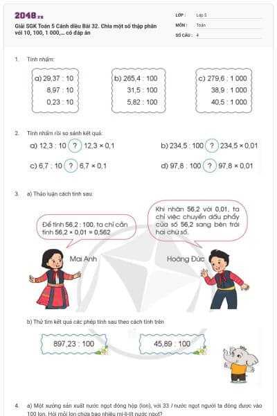 Giải SGK Toán 5 Cánh diều Bài 32. Chia một số thập phân với 10, 100, 1 000,… có đáp án