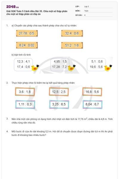 Giải SGK Toán 5 Cánh diều Bài 35. Chia một số thập phân cho một số thập phân có đáp án