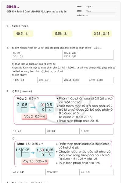 Giải SGK Toán 5 Cánh diều Bài 36. Luyện tập có đáp án