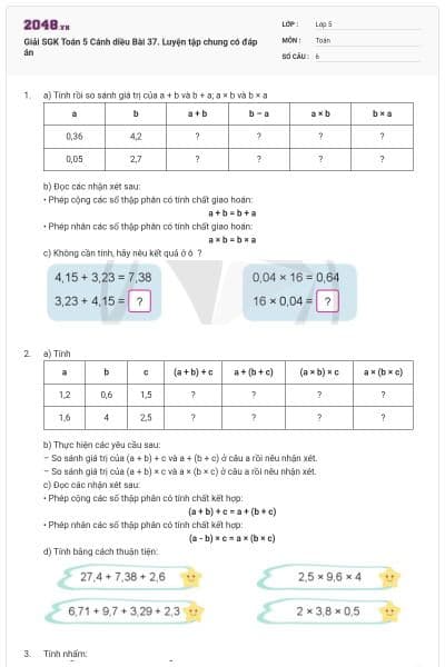 Giải SGK Toán 5 Cánh diều Bài 37. Luyện tập chung có đáp án