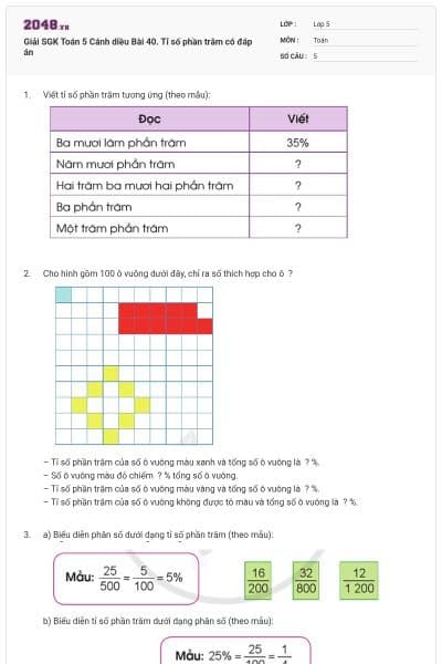 Giải SGK Toán 5 Cánh diều Bài 40. Tỉ số phần trăm có đáp án