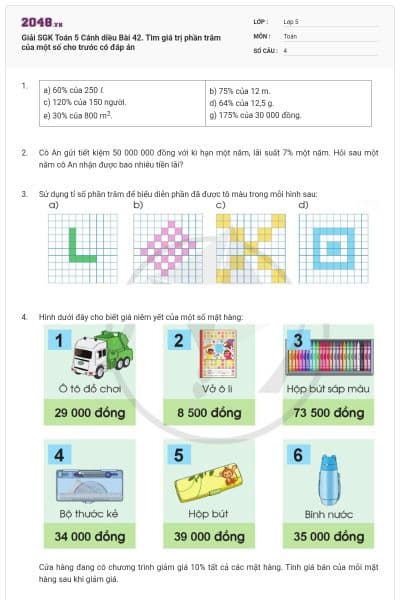 Giải SGK Toán 5 Cánh diều Bài 42. Tìm giá trị phần trăm của một số cho trước có đáp án