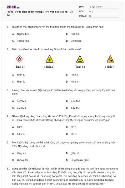 (2025) Đề thi tổng ôn tốt nghiệp THPT Vật lí có đáp án - Đề 12