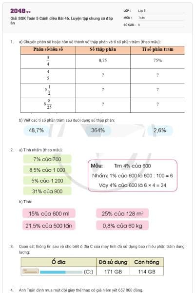 Giải SGK Toán 5 Cánh diều Bài 46. Luyện tập chung có đáp án