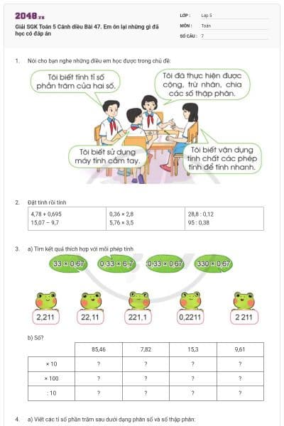 Giải SGK Toán 5 Cánh diều Bài 47. Em ôn lại những gì đã học có đáp án