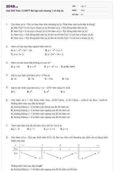 Giải SGK Toán 12 KNTT Bài tập cuối chương 1 có đáp án