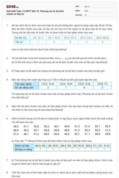Giải SGK Toán 12 KNTT Bài 10. Phương sai và độ lệch chuẩn có đáp án