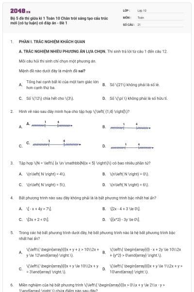 Bộ 5 đề thi giữa kì 1 Toán 10 Chân trời sáng tạo cấu trúc mới (có tự luận) có đáp án - Đề 1