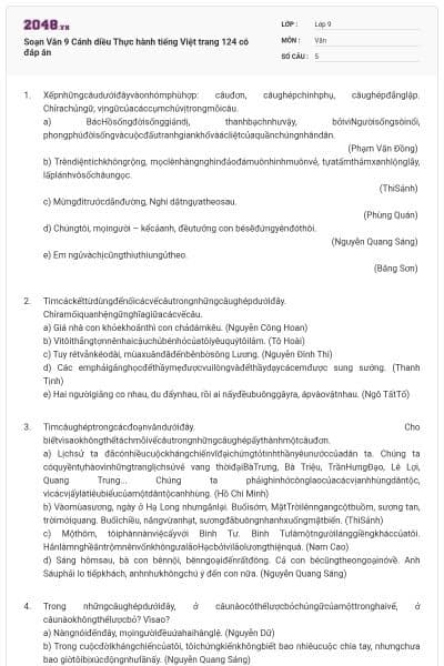 Soạn Văn 9 Cánh diều Thực hành tiếng Việt trang 124 có đáp án