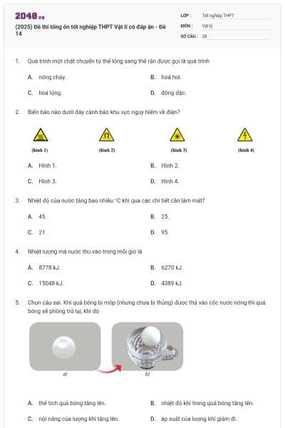 (2025) Đề thi tổng ôn tốt nghiệp THPT Vật lí có đáp án - Đề 14