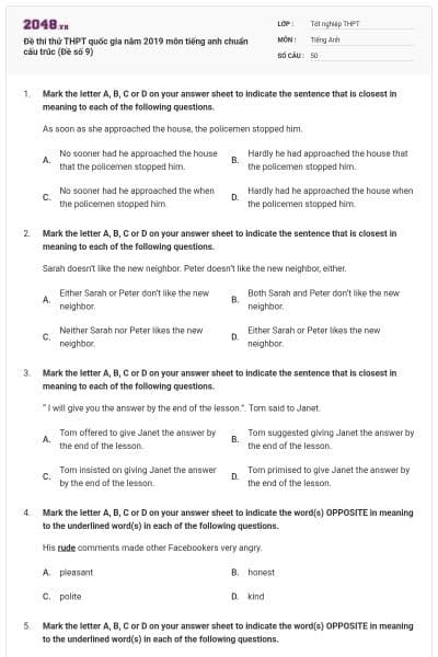 Đề thi thử THPT quốc gia năm 2019 môn tiếng anh chuẩn cấu trúc (Đề số 9)