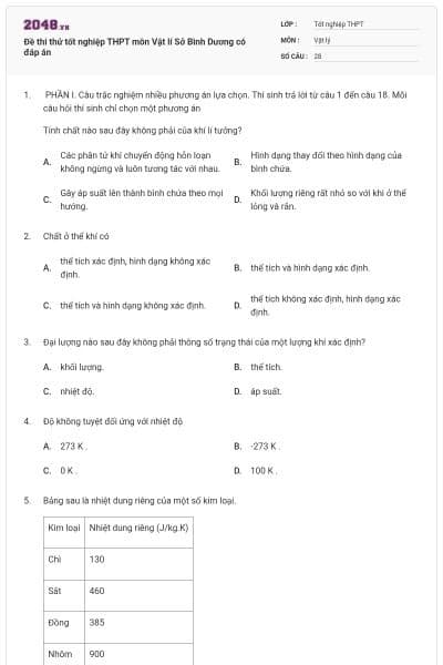 Đề thi thử tốt nghiệp THPT môn Vật lí Sở Bình Dương có đáp án