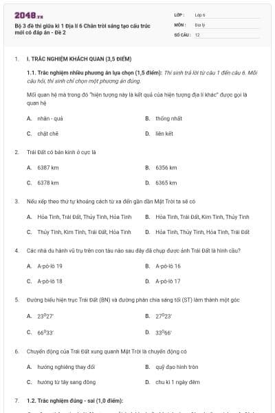 Bộ 3 đề thi giữa kì 1 Địa lí 6 Chân trời sáng tạo cấu trúc mới có đáp án - Đề 2