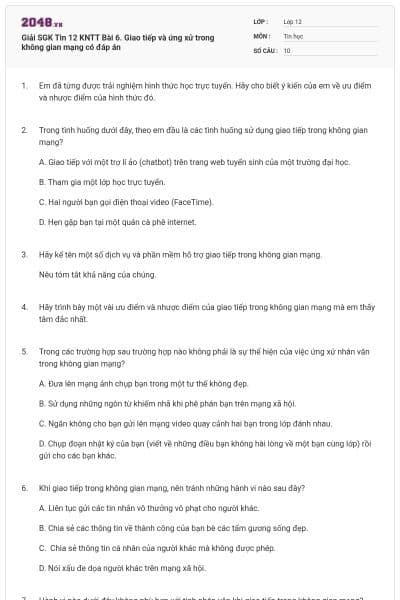 Giải SGK Tin 12 KNTT  Bài 6. Giao tiếp và ứng xử trong không gian mạng có đáp án