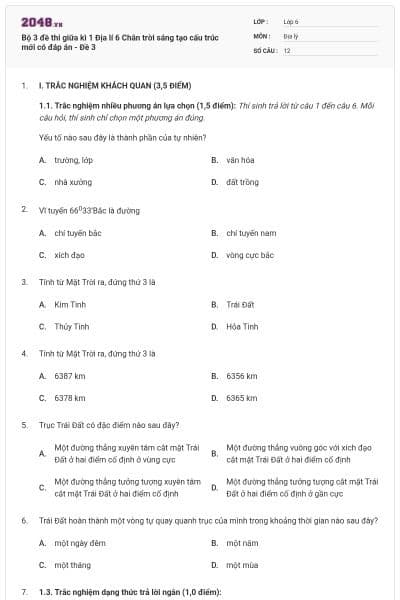 Bộ 3 đề thi giữa kì 1 Địa lí 6 Chân trời sáng tạo cấu trúc mới có đáp án - Đề 3