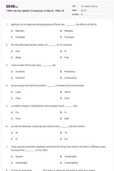 1300+ câu trắc nghiệm Từ vựng học có đáp án - Phần 10