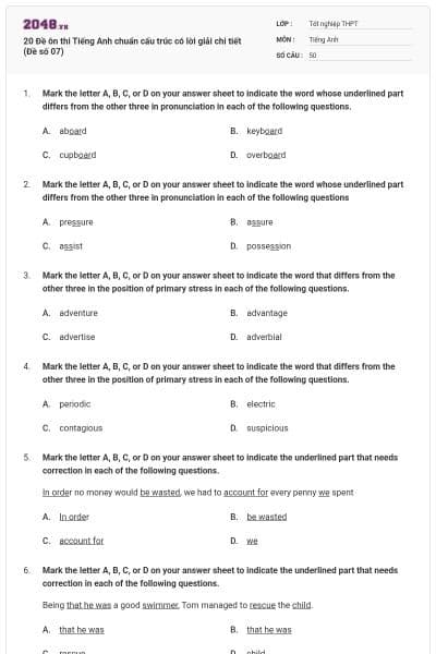 20 Đề ôn thi Tiếng Anh chuẩn cấu trúc có lời giải chi tiết (Đề số 07)