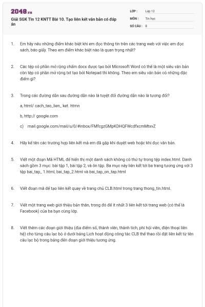 Giải SGK Tin 12 KNTT Bài 10. Tạo liên kết văn bản có đáp án