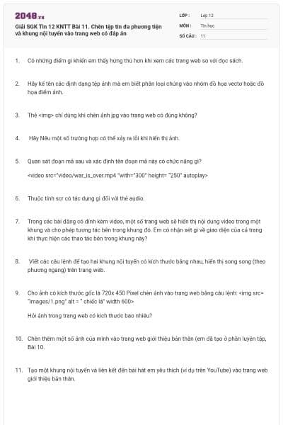 Giải SGK Tin 12 KNTT  Bài 11. Chèn tệp tin đa phương tiện và khung nội tuyến vào trang web có đáp án