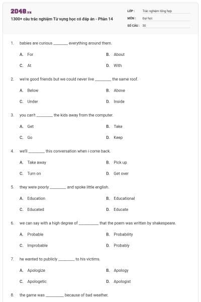 1300+ câu trắc nghiệm Từ vựng học có đáp án - Phần 14