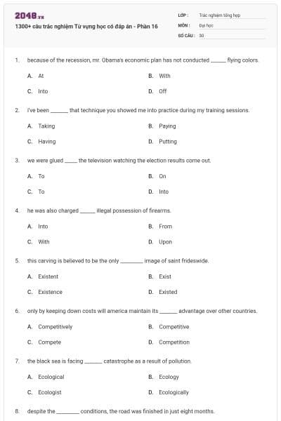 1300+ câu trắc nghiệm Từ vựng học có đáp án - Phần 16