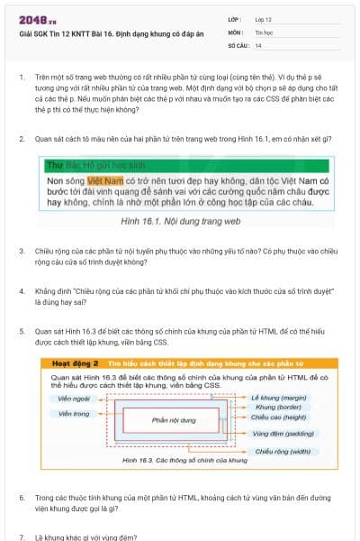 Giải SGK Tin 12 KNTT  Bài 16. Định dạng khung có đáp án