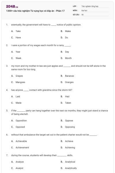 1300+ câu trắc nghiệm Từ vựng học có đáp án - Phần 17