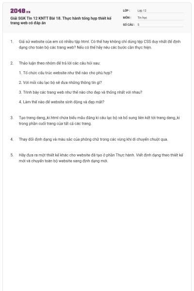 Giải SGK Tin 12 KNTT  Bài 18. Thực hành tổng hợp thiết kế trang web có đáp án