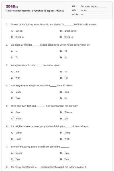 1300+ câu trắc nghiệm Từ vựng học có đáp án - Phần 20