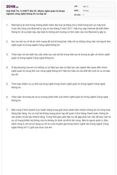 Giải SGK Tin 12 KNTT Bài 20. Nhóm nghề quản trị thuộc nghành công nghệ thông tin có đáp án