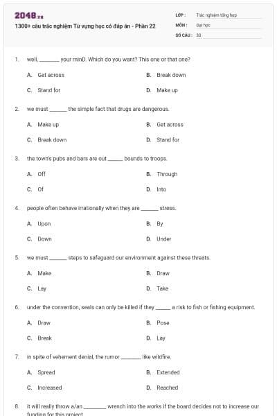 1300+ câu trắc nghiệm Từ vựng học có đáp án - Phần 22