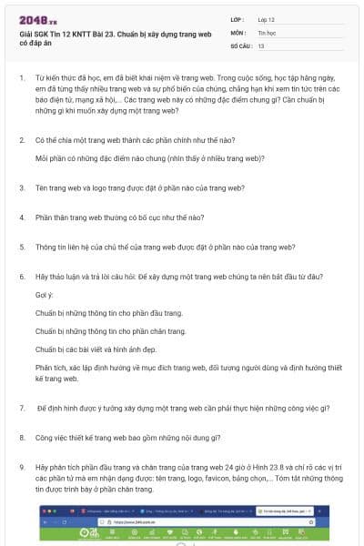 Giải SGK Tin 12 KNTT Bài 23. Chuẩn bị xây dựng trang web có đáp án