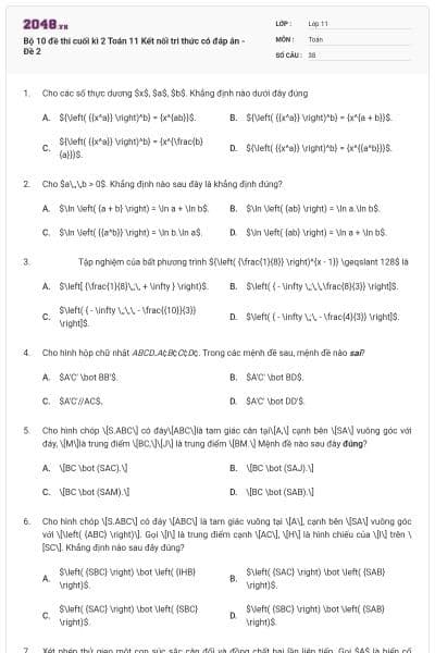 Bộ 10 đề thi cuối kì 2 Toán 11 Kết nối tri thức có đáp án - Đề 2
