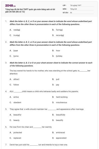Tổng hợp đề thi thử THPT quốc gia môn tiếng anh có lời giải chi tiết (Đề số 12)