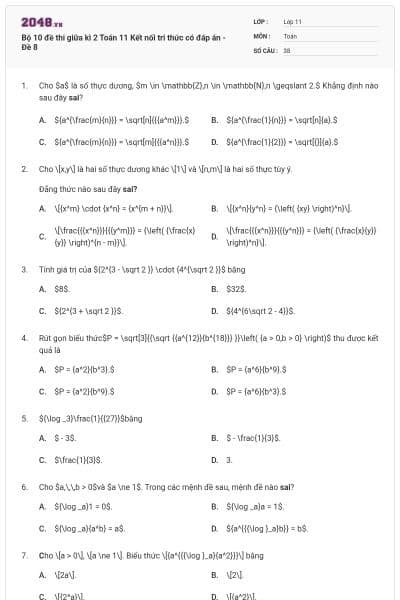 Bộ 10 đề thi giữa kì 2 Toán 11 Kết nối tri thức có đáp án - Đề 8