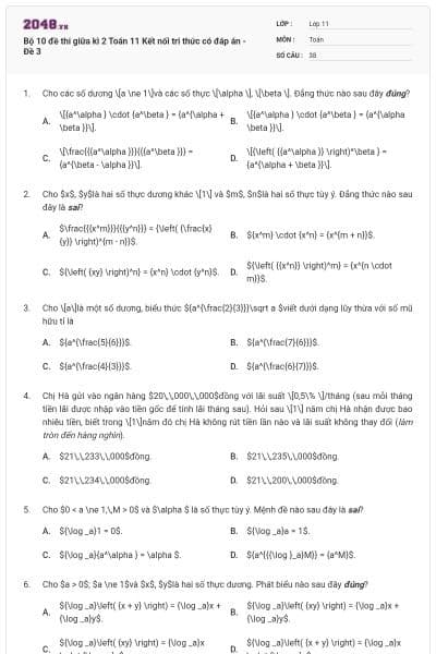 Bộ 10 đề thi giữa kì 2 Toán 11 Kết nối tri thức có đáp án - Đề 3