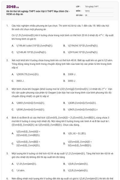 Đề thi thử tốt nghiệp THPT môn Vật lí THPT Mạc Đĩnh Chi - HCM có đáp án