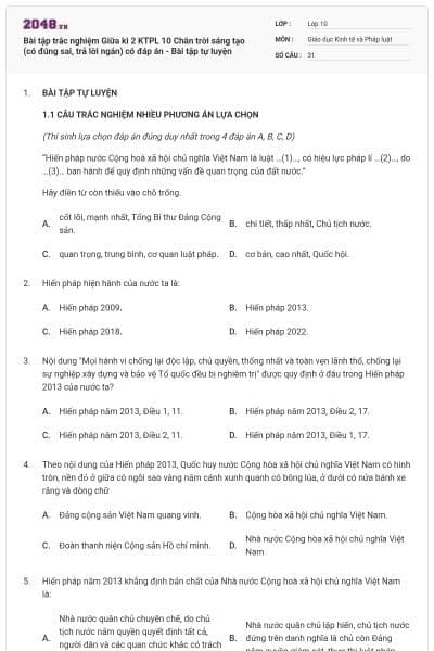 Bài tập trắc nghiệm Giữa kì 2 KTPL 10 Chân trời sáng tạo (có đúng sai, trả lời ngắn) có đáp án - Bài tập tự luyện