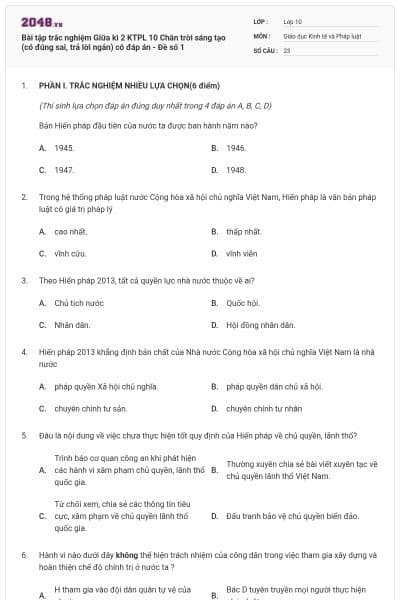 Bài tập trắc nghiệm Giữa kì 2 KTPL 10 Chân trời sáng tạo (có đúng sai, trả lời ngắn) có đáp án - Đề số 1