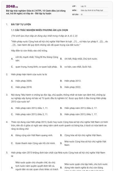 Bài tập trắc nghiệm Giữa kì 2 KTPL 10 Cánh diều (có đúng sai, trả lời ngắn) có đáp án - Bài tập tự luyện
