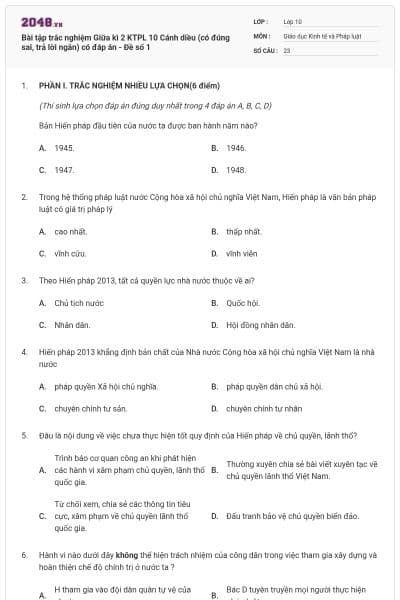 Bài tập trắc nghiệm Giữa kì 2 KTPL 10 Cánh diều (có đúng sai, trả lời ngắn) có đáp án - Đề số 1